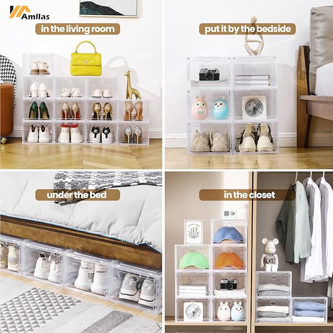 12 Pack Clear Shoe Boxes Stackable,Shoe Storage Boxes for Closet,Sturdy Shoe Box Storage Containers with Clear Door,Sneaker Storage,Easy to Assemble,Fit up to US Size 12(13.8”x 9.84”x 7.1”)