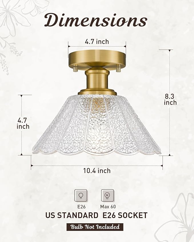 Gold Semi Flush Mount Ceiling Light, HWH 10 Inch Modern Hallway Light Fixtures Ceiling Mount for Kitchen Entryway Foyer, Glass Ceiling Lights in Brushed Gold Finish, Clear Floral Glass, 5HJX110F BG