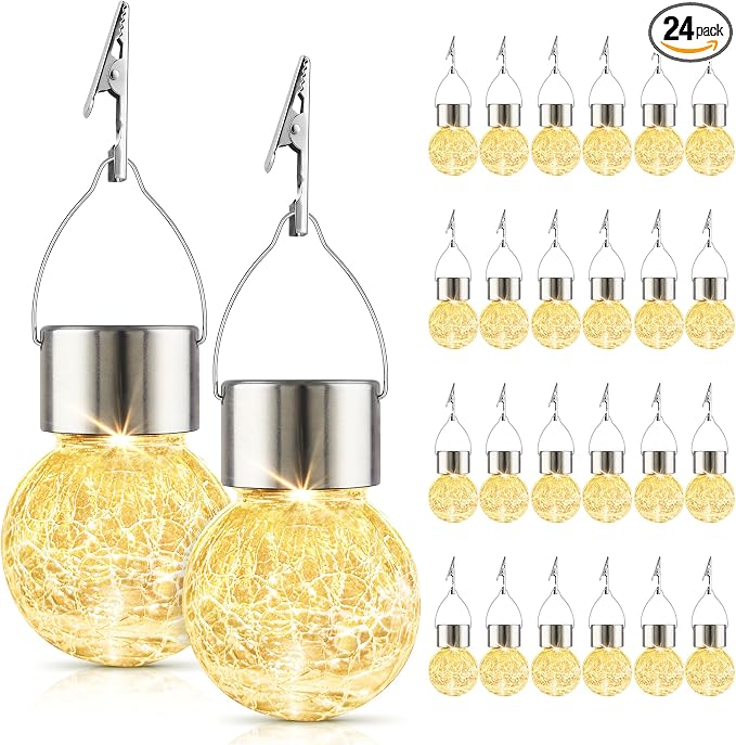 Solar Lights Outdoor Hanging Decorative Globe 24 Pack, Waterproof Solar Lantern with Handle and Clip, Solar Powered Glass Ball Lights for Garden Yard Fence Tree Umbrella Holiday Décor, Warm White