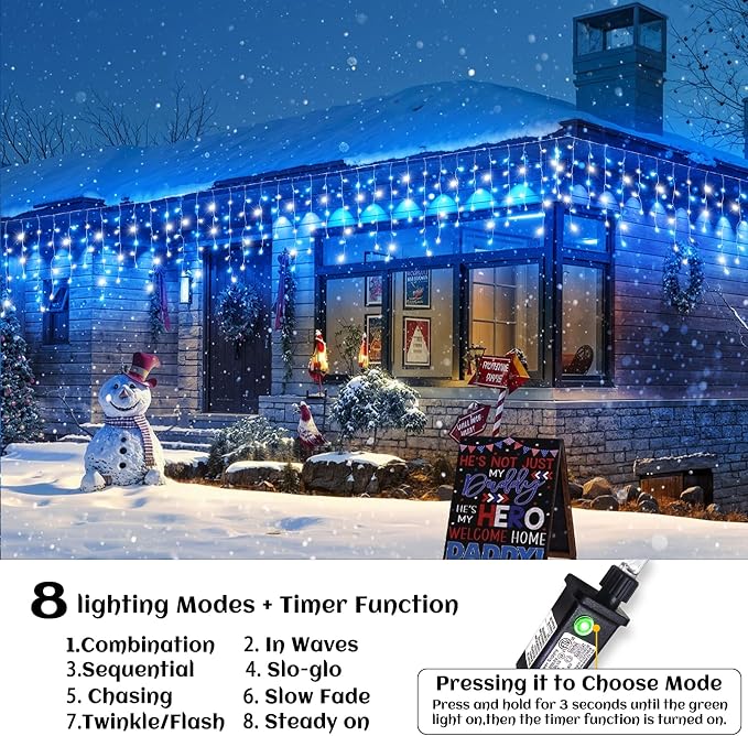 33ft Icicle Lights for Outside, Blue and White Christmas Lights Outdoor Indoor, 400 LED Twinkle String Light with 75 Drops Short Curtain Light for Thanksgiving Room Home Wall Bedroom Window Decoration