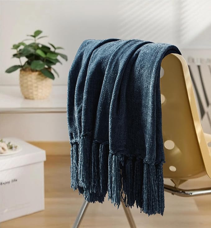 Chenille Throw Blanket for Couch 50"X 60", Soft Cozy Throws with Fringe Tassel for Bed Sofa Chair Cover, Lightweight Knitted Decorative Boho Blankets for Living Room, Navy Blue