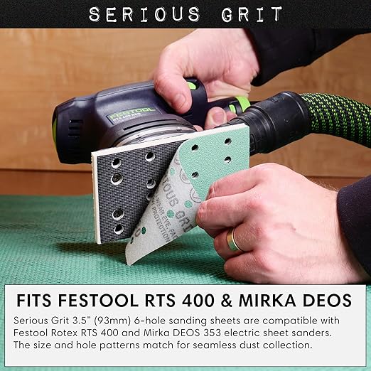 Serious Grit - 3" x 5" (80mm x 133mm) 14-Hole 400 Grit Sanding Sheets - Fits Festool RTS 400 & Mirka Deos 353 - Heavy-Duty Hook & Loop Film Abrasives - Sandpaper for Sheet Sanders - 50 Pack Box
