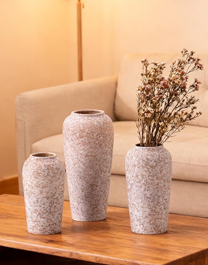 Stone Vase Set 3 Modern Decor Ceramic Vases Rustic Farmhouse Home Tea Table Office Room Desk Large Vases Ornament Pottery