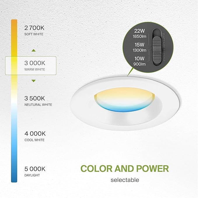 ASD 6 Inch Commercial Canless LED Downlight, Power Adjustable 10/15/22W Lighting, Round Dimmable Recessed Ceiling Light Fixture, 5 Color Temperatures 2700K-5000K, 120-277V IC Rated UL & Energy Star