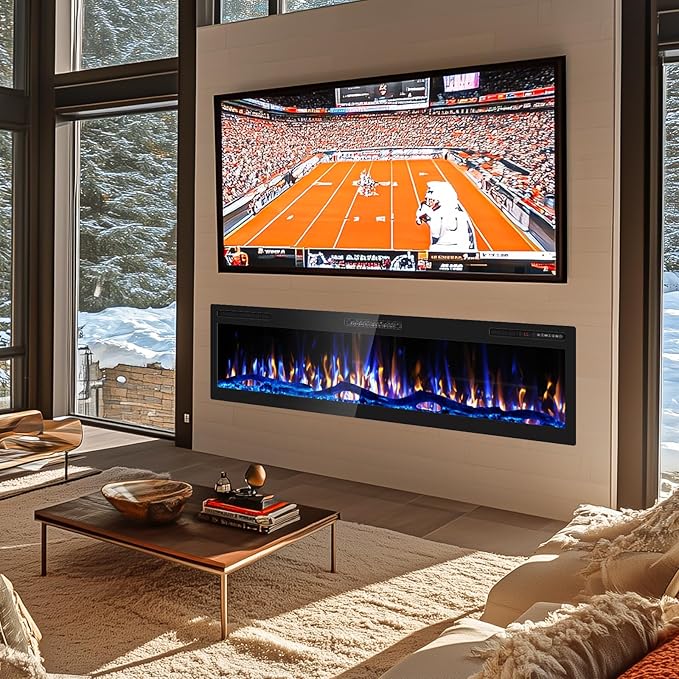68" Smart WiFi Electric Fireplace with Sound Crackling Narrow Bezel Recessed and Wall Mounted Fireplace Heater with App, Remote Control, Log Flame Option, 750/1500W