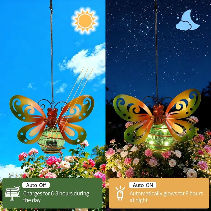 Butterfly Garden Decor with Bouncy Springs Pendant Lights Birthday Gifts for Women Mom Grandma,Hanging Solar Lights Outside Waterproof Metal Solar Outdoor Decoration for Yard, Porch,Patio,Backyard