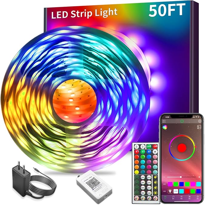 KSIPZE Led Lights for Bedroom 50ft Led Strip Lights with Remote RGB Color Changing Music Sync Smart App Control for Room Bedroom Lighting Flexible Home Décor