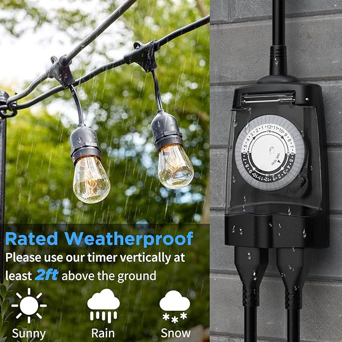 G-ELEK Outdoor Timer Outlet Waterproof, 24 Hour Outdoor Light Timer, Timers for Electrical Outlets, Ideal for Pool Pump, Christmas Lights, Heavy Duty, 2 Grounded Outlets, ETL Listed, 2 Pack