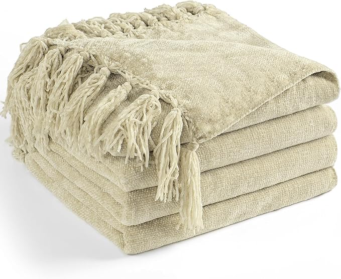 Chenille Throw Blanket for Couch 60"X 80" Twin, Soft Cozy Throws with Fringe Tassel for Bed Sofa Chair Cover, Lightweight Knitted Decorative Boho Blankets for Living Room, Light Beige