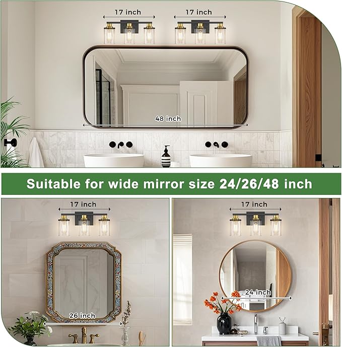 DORESshop Bathroom Light Fixtures, 3-Light Black and Gold Bathroom Lights Over Mirror with Clear Glass Shade,Vanity Lights for Bathroom Hallway Bedroom Living Room, ETL Listed