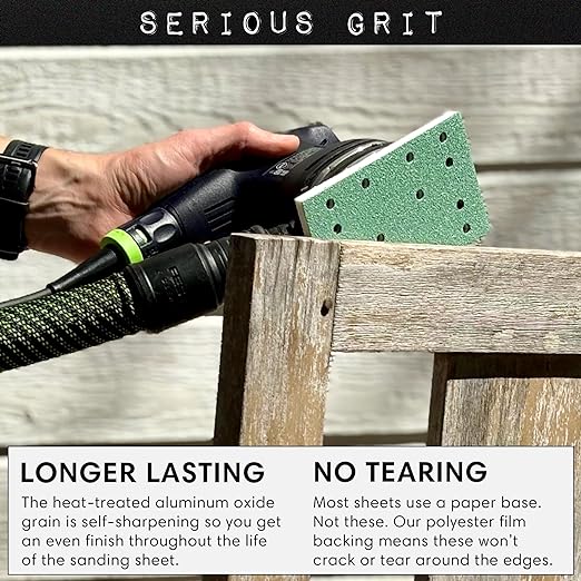 Serious Grit - 3" x 5" (80mm x 133mm) 14-Hole 400 Grit Sanding Sheets - Fits Festool RTS 400 & Mirka Deos 353 - Heavy-Duty Hook & Loop Film Abrasives - Sandpaper for Sheet Sanders - 50 Pack Box