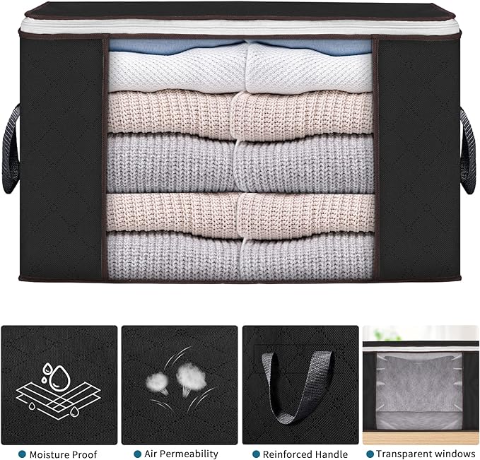Large Storage Bags, 3 Pack Clothes Storage Bins Foldable Closet Organizers Storage Containers with Durable Handles Thick Fabric for Blanket Comforter Clothing Bedding 90 L (Black)