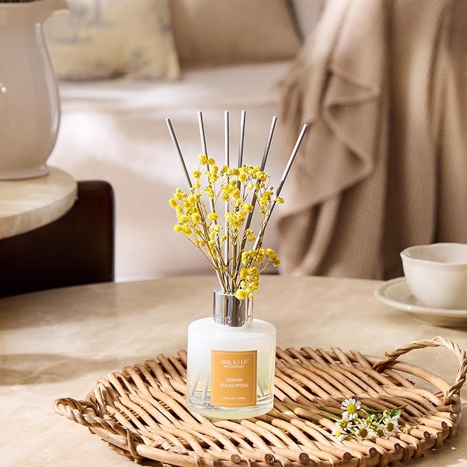 Airkeep Reed Diffuser Set,3.38 fl oz (100 ml) - Lemon Eucalyptus Oil Diffusers with 8 Reed Sticks, Home Fragrance Reed Diffuser for Bathroom Shelf Decor