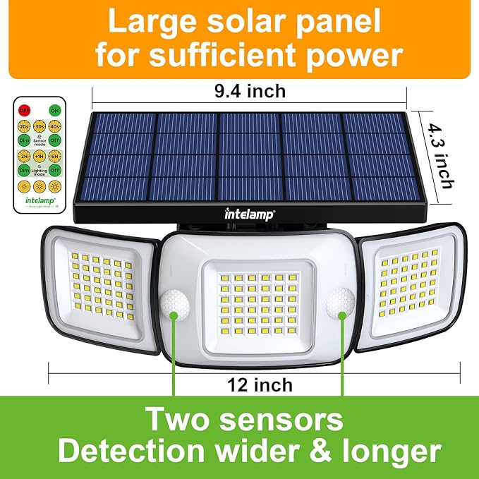 intelamp Solar Flood Lights Outdoor Waterproof, 6000mAh 1200LM Solar Powered Dual Motion Sensor LED Lighting Dusk to Dawn Security Floodlight Exterior with Remote for Outside Garden House Patio