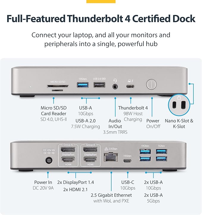 StarTech.com Thunderbolt 4 Dock - Dual 4K MacBook Pro and M4 Air, Quad Monitor 4K Windows, 16 Port 40Gbps Laptop Docking Station with 100W Charging, 2 x HDMI, 2 x DisplayPort (132N-TB4USB4DOCK)