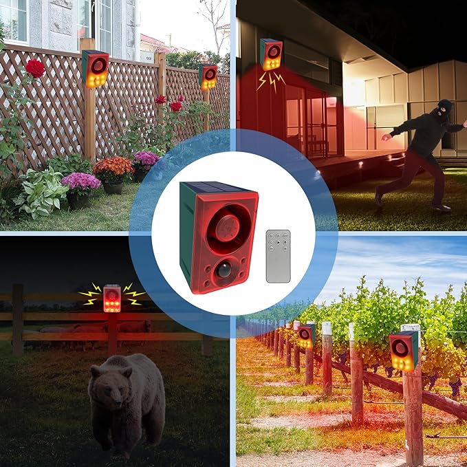 ChunHee Solar Outdoor Motion Sensor Alarm with Dog Barking Gunshot Sound, Support Recording and Adjustable Volume, 130db Loud Noise Maker 3 Work Modes Strobe Light for Home, Villa, Farm, Barn (3pack)