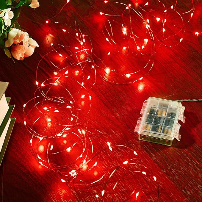 1 Pack 32.8 Ft. Battery Operated Outdoor String Lights with Remote & Timer, LED Red Fairy Lights, Waterproof Twinkle Lights for Bedroom, Dorm, Mason Jar, Wedding, Party, Christmas