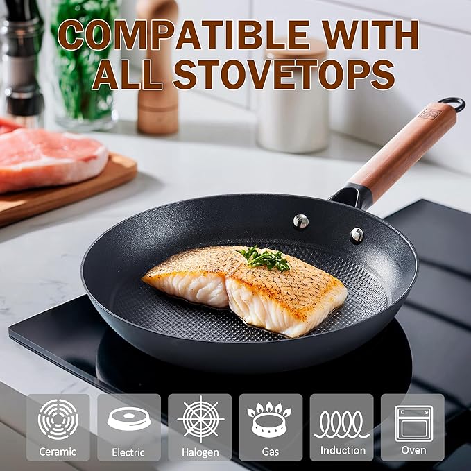DM Cast Iron Skillet, 10 Inch Nonstick Frying Pan with Detachable Acacia Wooden Handle, Honeycomb Non stick Omelet Egg Pan, Easy Clean Oven Safe Pans for Cooking
