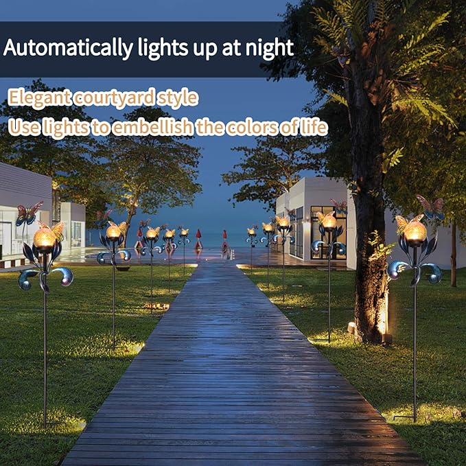 VCUTEKA Solar Lights Outdoor Metal Garden Stake Waterproof Crackle Glass Globe Garden Decor Butterfly for Pathway, Lawn, Patio, Yard