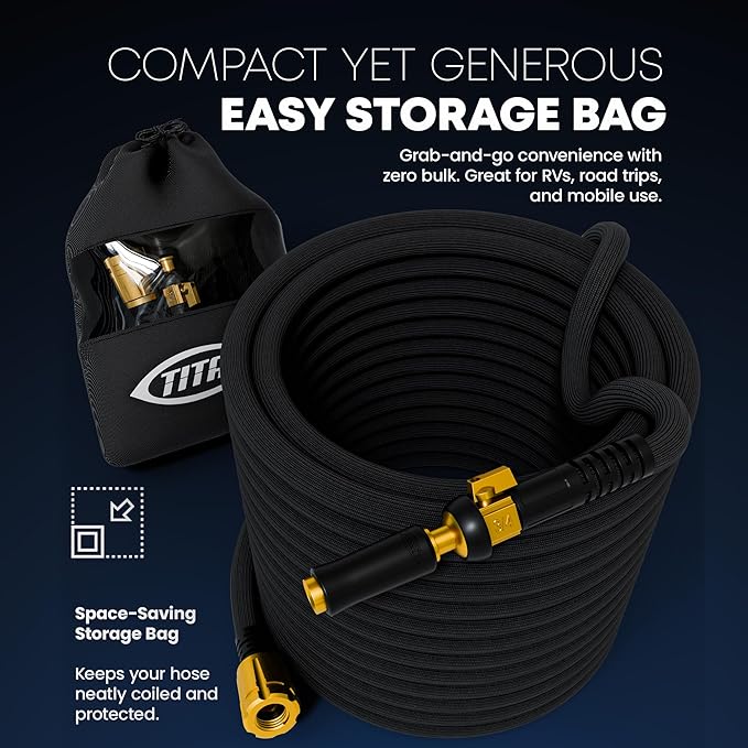 TITAN Flexible Garden Hose 30FT – Ultra Lightweight, Heavy Duty Water Hose with Brass Fittings & Jet Nozzle – Kink-Free, Non-Expanding, Durable Fabric Hose for Yard, Lawn, Car Wash, Outdoor Use