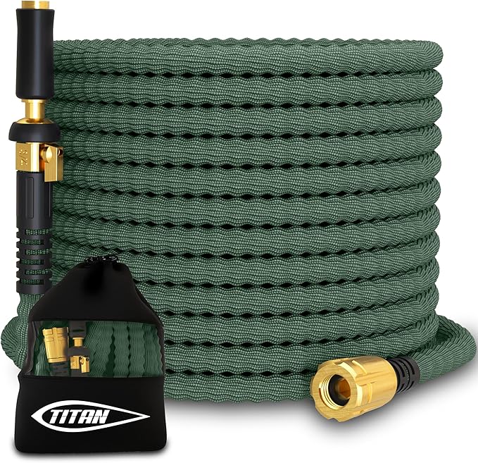 TITAN Flexible Garden Hose 10FT – Ultra Lightweight, Heavy Duty Water Hose with Brass Fittings & Jet Nozzle – Kink-Free, Non-Expanding, Durable Fabric Hose for Yard, Lawn, Car Wash, Outdoor Use