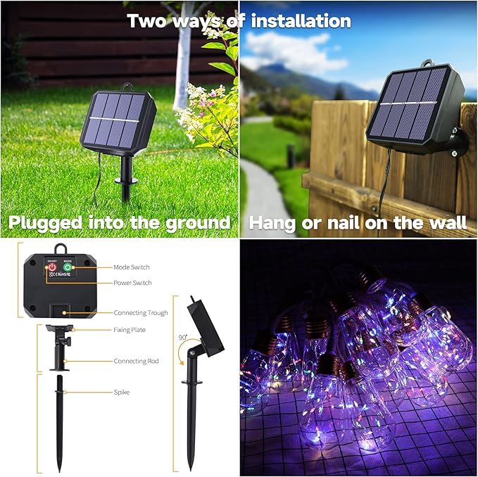 Solar Outdoor String Lights, 20Ft Vintage Rope Hemp Solar Patio Lights, Waterproof Multicolor Solar Powered String Lights With 8 Modes 16 Shatterproof Bulbs for Garden Fence Stairs Balcony Café Bistro