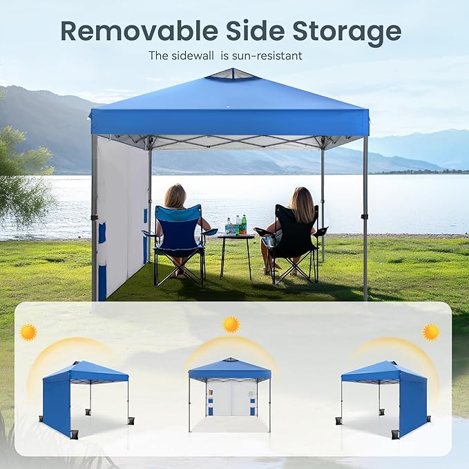 PHI VILLA Canopy Tent 10x10 Pop Up Canopy Outdoor Shade with Pockets Sidewall, Easy Up Sun Shelter with One Person Set Up Center Lock, Portable Instant Camping Beach Canopy Tents, Blue