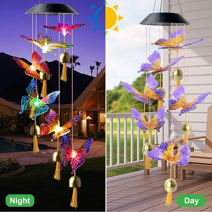JOBOSI Butterfly Decorative Mobiles Gifts, Solar Wind Chimes, Mothers Day Wind Chime Gifts for mom, Women, Grandmother, Thanksgiving Gift, Mom Best Gift