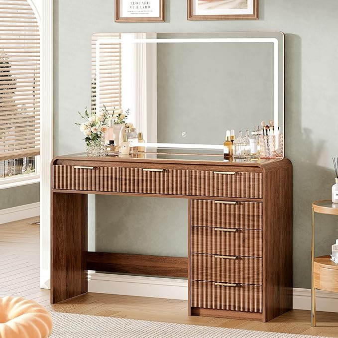 47“Makeup Vanity Desk with 44.8" Mirror and Lights, Vanity Desk with 7 Drawers, Makeup vanity table with a glass tabletop, 3 Color Modes & Adjustable Brightness Dressing Table, Bedroom,Walnut