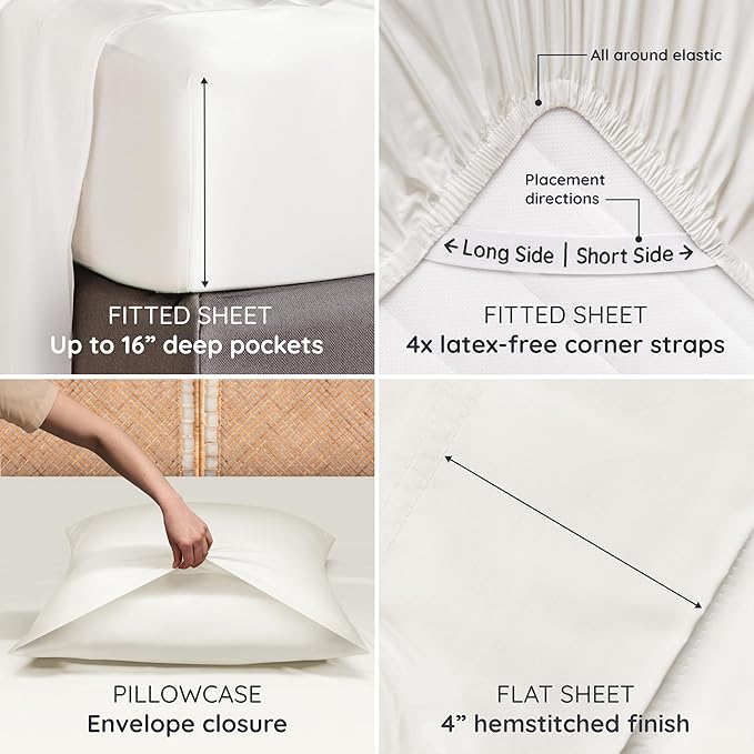 Bambaw Queen Sheet Set 6pcs – 100% Viscose Derived from Bamboo Sheets Queen Size Deep Pocket, Fits Up to 16'' with Elastic Corner Straps, Breathable & Cooling Sheets, Bedding for Night Sweats (Ivory)