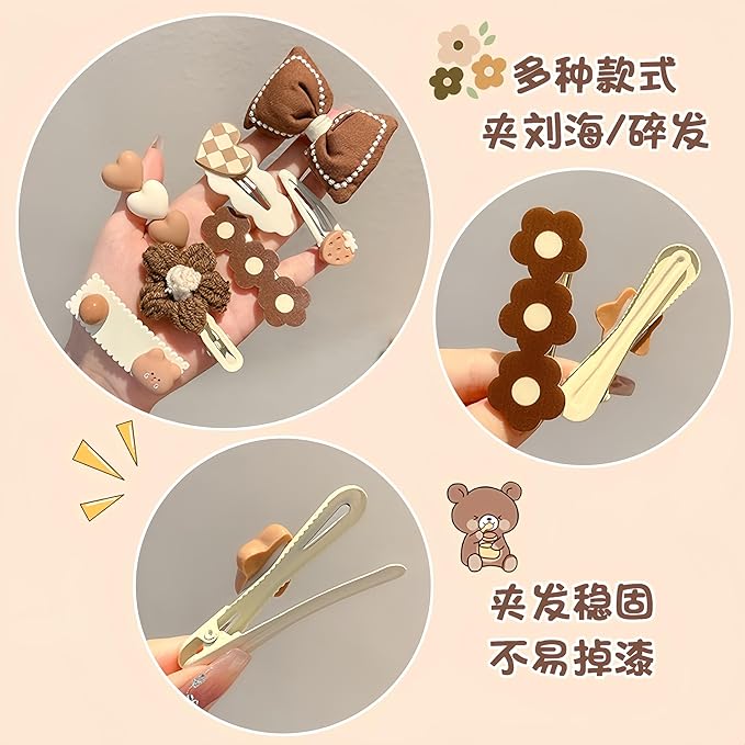 (10 Pcs) Super Cute Lovely Warm Autumn Winter Spring Theme Kid's Hairpin Flower Floral Bear Bowknot Hair Clips Hair Decoration Women Girls Salon Hairstyle Hairdressing Grip -Brown 2