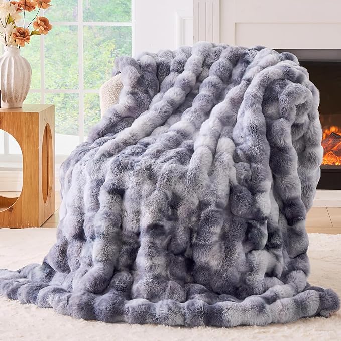 BENVWE Fluffy Faux Fur Throw Blanket for Couch - Soft, Plush, Thick, Cozy, Fuzzy Luxury Minky Bubble Blanket for Home Living Room Decor, Gifts for Women, Tie-dye Light Grey, 63" x 80", 1100GSM