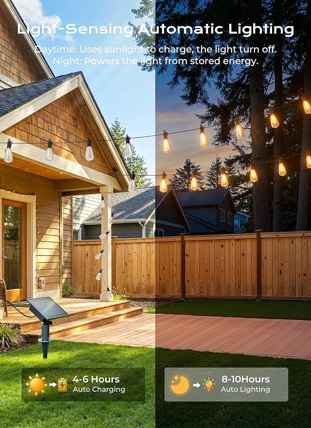 Brightown 75FT Solar String Lights Outdoor Waterproof with Remote, 35+1 LED Shatterproof Bulbs, Dimmable & Timable, 3 Light Modes - Commercial Grade Patio Lights for Garden Backyard Party Decor