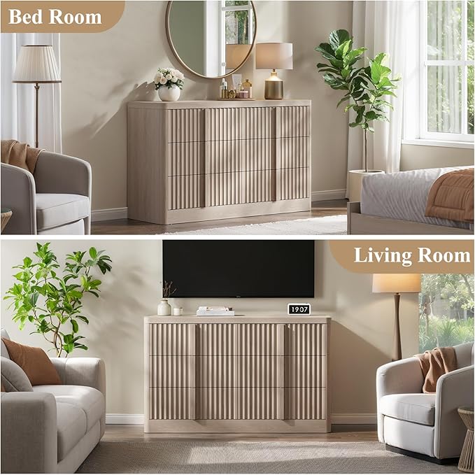 Fluted Dresser for Bedroom, 47" Wide Chest of Drawers, Modern 6 Drawer Dresser with Solid Wood Handle, Curved Profile Design, Wood Dressers Storage Organizer, Living Room, Hallway, White Alder