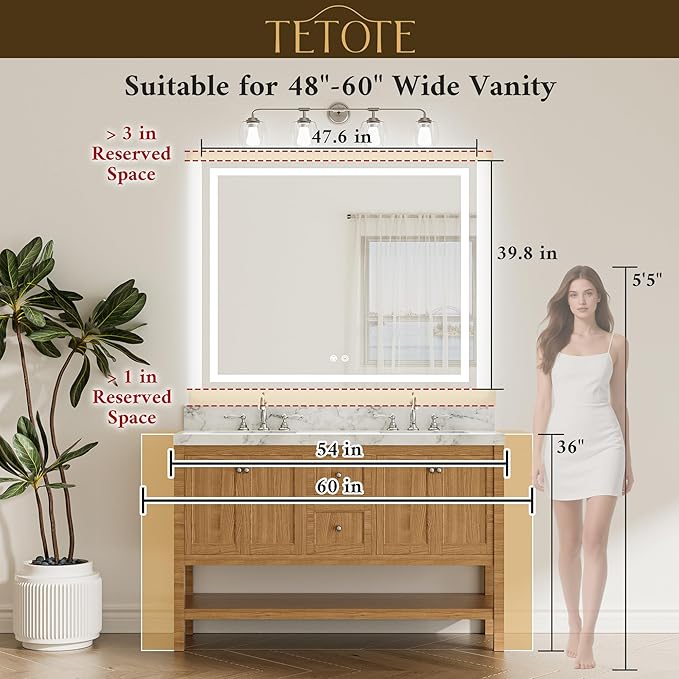 TETOTE 48 x 40 LED Lighted Bathroom Mirror with Lights, Brighter Led Vanity Mirror for Bathroom, Front and Backlit Illuminated Anti Fog Light up Mirror 3-Color Dimmable, Waterproof, Tempered Glass