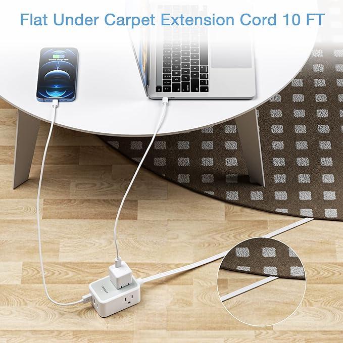 Ultra Thin Flat Extension Cord 10 FT, TESSAN Small Flat Plug Power Strip with 3 USB Charger (1 USB C), 3 Outlets Desk Charging Station, 10 Feet Long Slim Plug for Travel, Dorm Room, Office Essentials