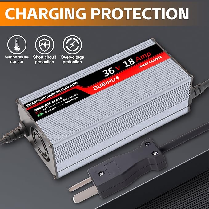 36V 18A Golf Cart Battery Charger for Lead Acid Batteries ，16FT Long Cable, Works with Club Car & Yamaha Crowfoot ，Intelligent 3-Stage Charging System for Fast and Efficient Charging