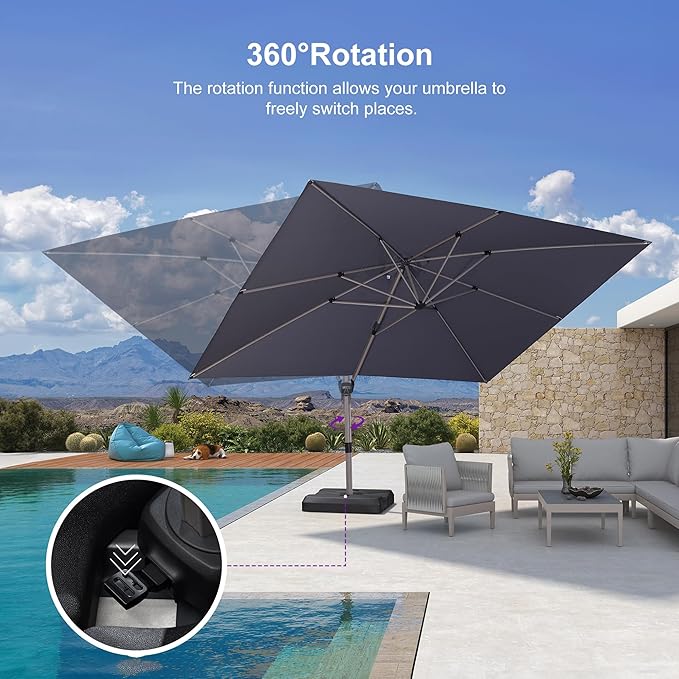 PURPLE LEAF Patio Umbrella with Base Included, 10‘×13’ Outdoor Aluminum Cantilever Umbrella with 360° Rotation, Aluminum Large Offset Umbrella for Outdoor Garden Pool, Light Grey