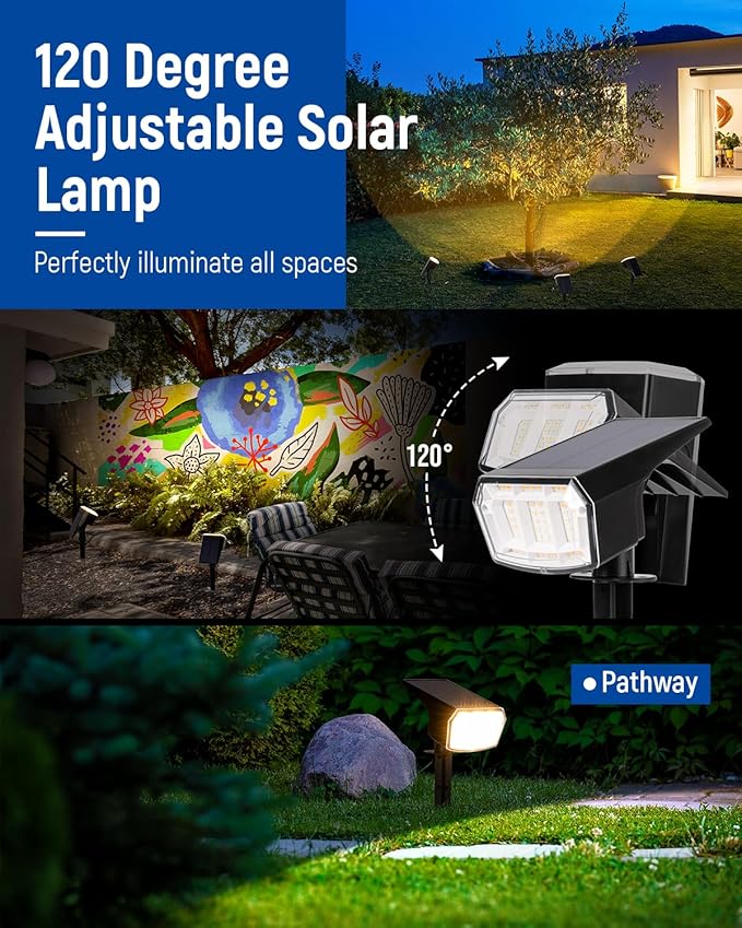 Solar spotlights Outdoor 63 LED 3 Lighting Modes, IP65 Waterproof Lighten Yard Garden House Garage Pathway for Christmas Decorations-2 Pack