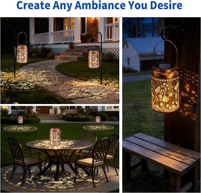 JEJOT Hummingbird Solar Lanterns Outdoor Waterproof, Mothers Day Gifts, Birthday Gifts for Women Mom Grandma,Metal Hanging Solar Lantern for Yard,Garden,Porch Landscape Deconrations-2 Pack