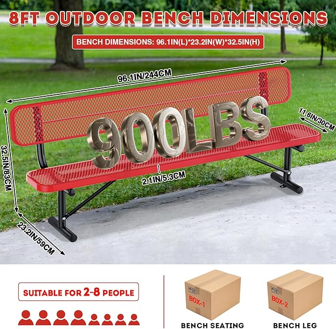 Heavy Duty Park Bench for Outside, Metal Park Bench with Back Portable Frame, Outdoor Steel Mesh Garden Bench with Backrest for Garden, Lawn, Patio, Porch, Park, Yard (Red, 6FT/73INCH)