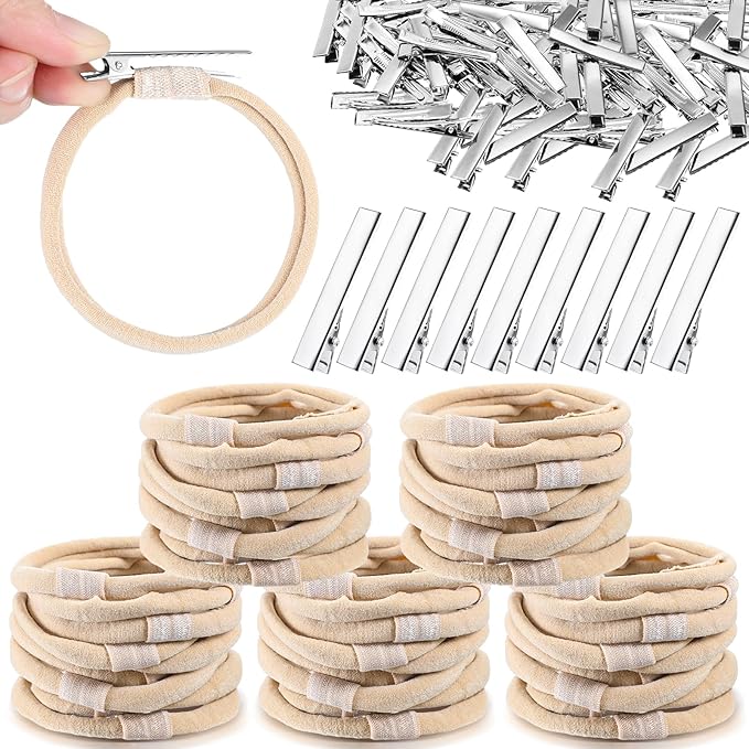 Zeyune 200 Pcs Nude Nylon Headbands and Hair Clips for DIY Christmas Bows, Interchangeable Soft Newborn Infant Toddler Girls Crafts