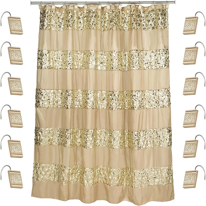 Zahari Home 13pc Sinatra Bathroom Shower Curtain Set - Gold Curtain & 12 Champagne Hooks - Luxury Fabric Bling Unique Beautiful Set