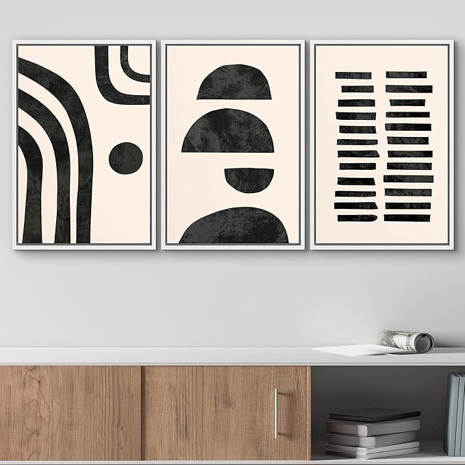 wall26 Framed Wall Art Print Set Black and Tan Semi Circles and Lines Geometric Shapes Digital Art Modern Art Mid-Century Modern Relax/Calm for Living Room, Bedroom, Office - 16"x24"x3 White