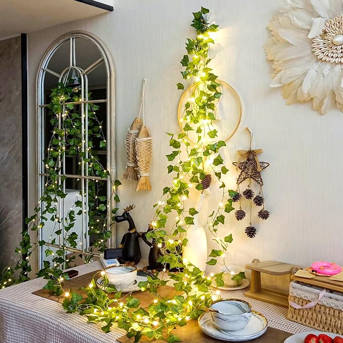 KASZOO 33ft 100 LED Vine with Fairy Lights with Remote, Fake Vines String Lights Battery/USB Operated, Ivy Garland, Leaf Lights for Bedroom Garden Party Wall Room Decor