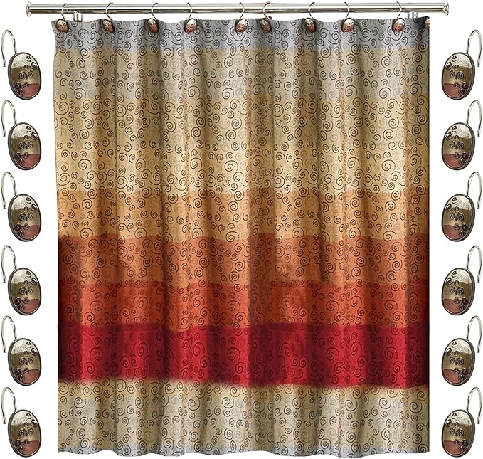 Zahari Home 13pc Miramar Bathroom Shower Curtain Sets Shower Curtain & 12 Shower Bathroom Hooks Modern Classic Luxury Contemporary Decor Multi Color Shower Curtain Set