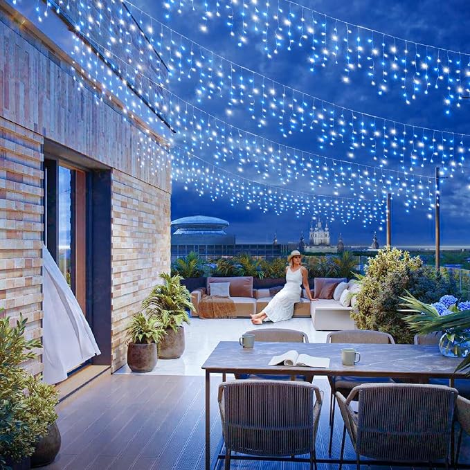 33ft Icicle Lights for Outside, Blue and White Christmas Lights Outdoor Indoor, 400 LED Twinkle String Light with 75 Drops Short Curtain Light for Thanksgiving Room Home Wall Bedroom Window Decoration
