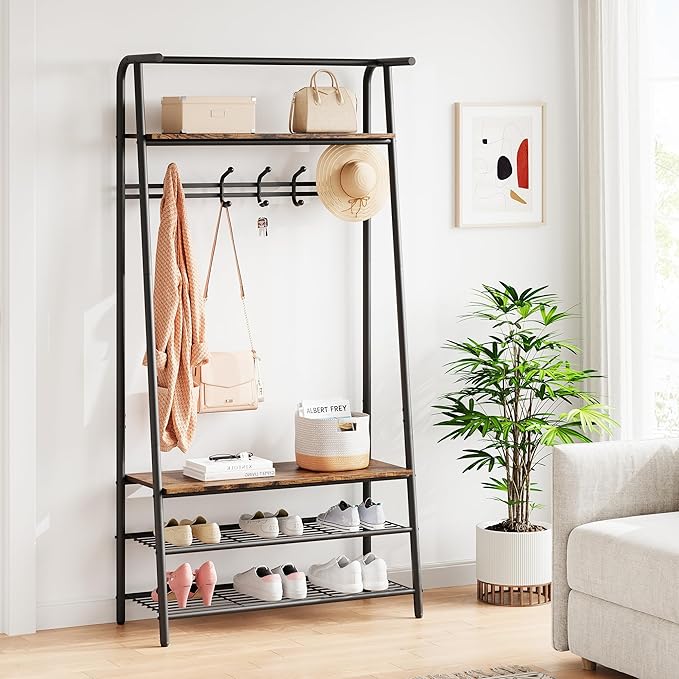 GAOMON Coat Rack, Hall Tree with Shoe Storage Bench, 3-in-1, Multifunctional Hallway Organizer, Shoe Storage with Coat Rack Stand, 5 Hooks, Metal Frame, for Entryway, 12.8 x 31.5 x 71.2