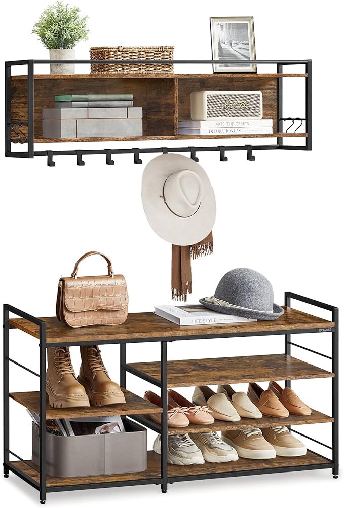 VASAGLE Hall Tree with Shoe Bench, Coat Rack Shoe Bench Set, Entryway Furniture, Multifunctional, 12 Metal Hooks, 4-Tier Shoe Rack, for Entryway, Bedroom, Rustic Brown ULSB108K01