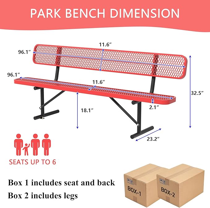 8 Feet Heavy Duty Metal Park Bench for Outside, Outdoor Bench with Backrest & Portable Frame, Commercial Benches for Shopping Malls, Stores, Parks, Patios, Decks, Red